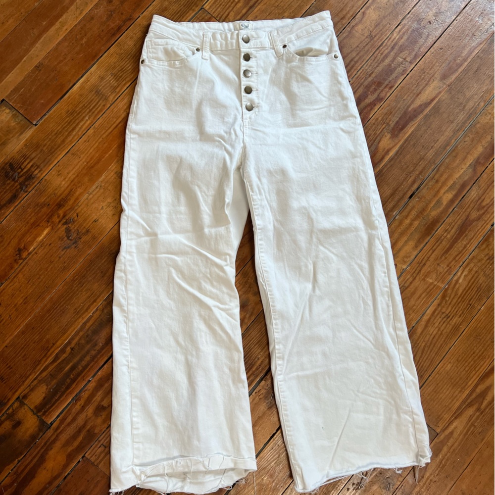 Stretch Button Fly Denim Wide Leg Pants Ivory. Size Large(12-14)
